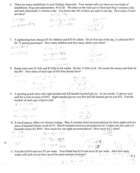 Systems Of Equations Applications Worksheet Answer Key