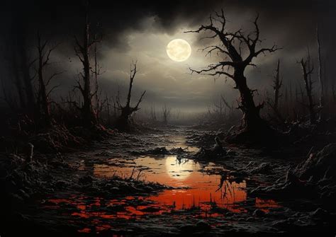 Premium Photo Moonlit Swamp Painting Eerie Beauty With Dead Trees