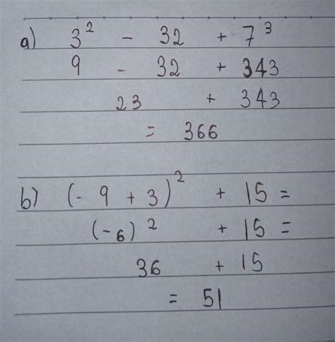 Resolva As Expressões A 3² − 32 7³ B −9 3 ² 15 C 2³ ² −