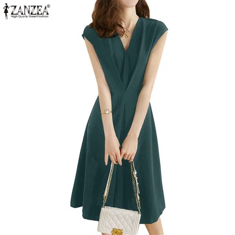 Zanzea Women Solid Fashion Back Zipper Casual V Neck Sleeveless Midi