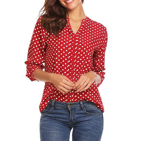 Women Polka Dot Blouse Spring Autumn V Neck Long Sleeve Plus Size