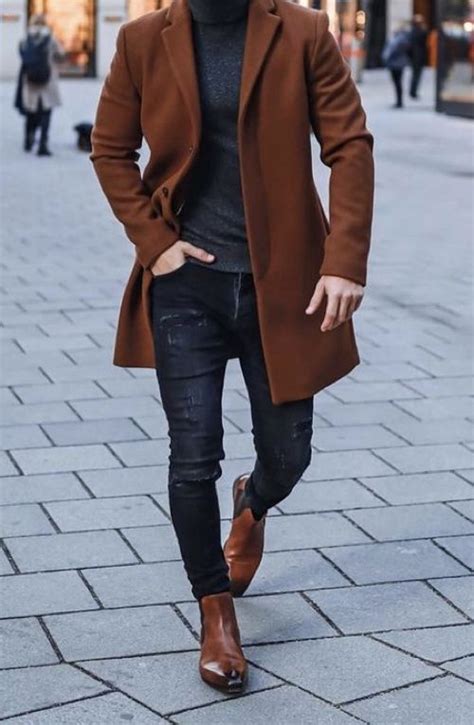 Brown Winter Coat Boot And Turtleneck Ideas With Black Leather Trouser Mens Top Coat Mens