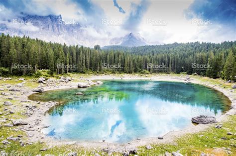 View Of The Lake Carezza In Italy With Beautiful And Colorful