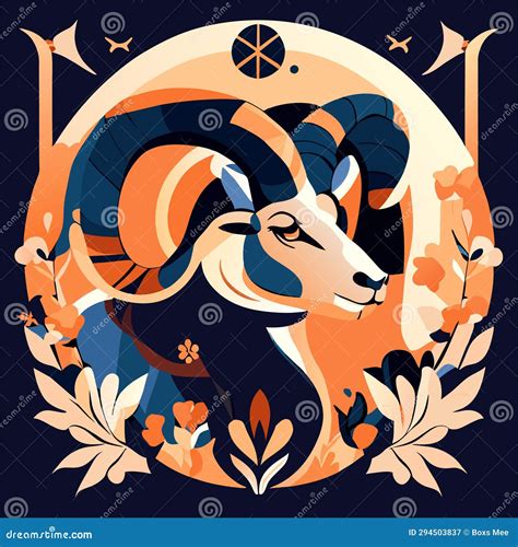 Ram Head With Horn And Flowers Vector Illustration In Flat Style Stock