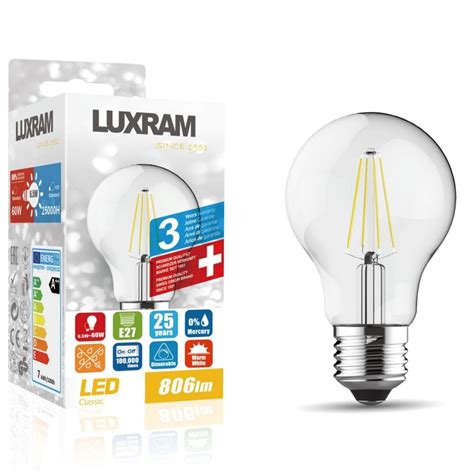 Luxram Classic E27 Dimmable Warm White Led Gls 6 5w 3000k 806lm Light