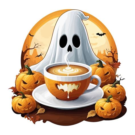 Halloween Atmosphere A Ghost Drinking Coffee Clipart Vector