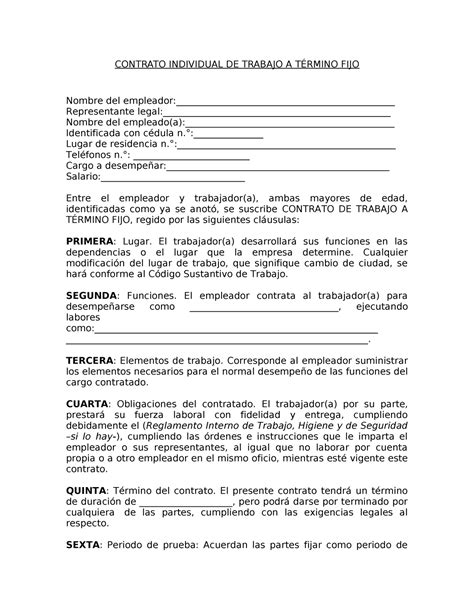 Minuta Contrato De Trabajo Termino Fijo Contrato Individual De