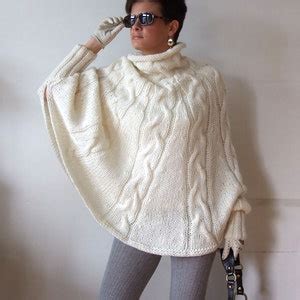 Hand Knitted Poncho Braided Cape Sweater Fall Fashion Cabled Etsy UK