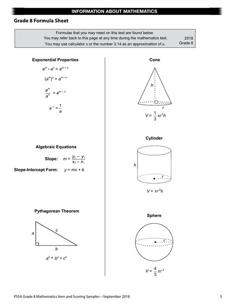 Grade 8 Mathematics Formula Sheet Pssa Download Printable Pdf Templateroller