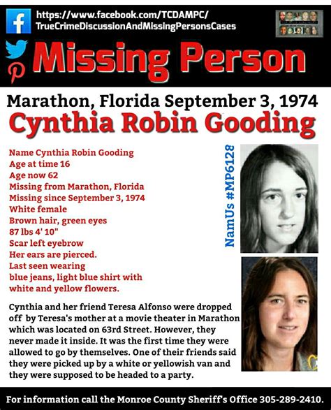 Cynthia Robin Gooding Missing Florida 9 3 1974 Also Missing Teresa Alfonso Tcdampc