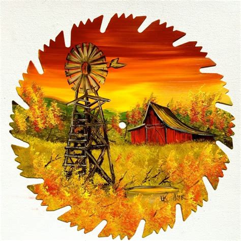 Hand Painted Saw Blade Art Sunset Fall Red Barn Windmill New Ooak