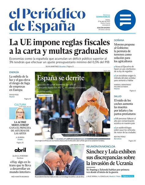 Portada De El PeriÓdico De EspaÑa Del Jueves 27 De Abril Del 2023 El Periódico De España