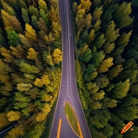 Drone Shot Of A Highway Through A Forest On Craiyon