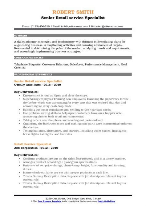 Retail Service Specialist Resume Samples Qwikresume