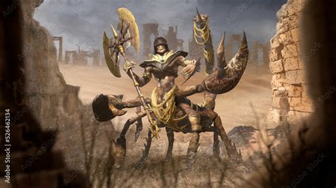 A Scorpion Man In Golden Armor And Jewelry With An Axe Stands Under The