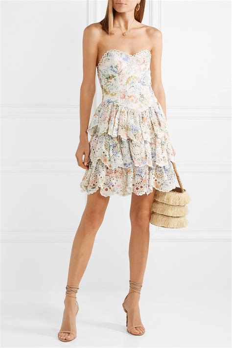 Zimmermann Bowie Ruffle Strapless Floral Print Broderie Anglaise