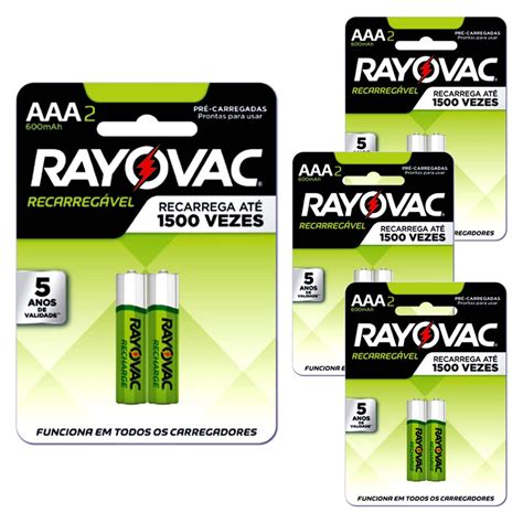 08 Pilhas aaa Palito 3A Recarregáveis 600mah Rayovac 4 Cartelas no Shoptime