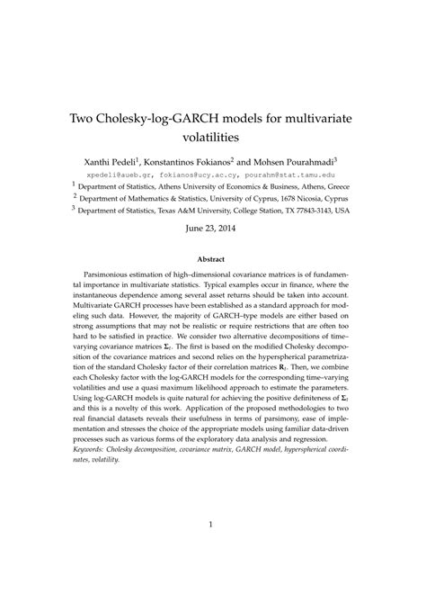 Pdf Two Cholesky Log Garch Models For Multivariate Volatilities