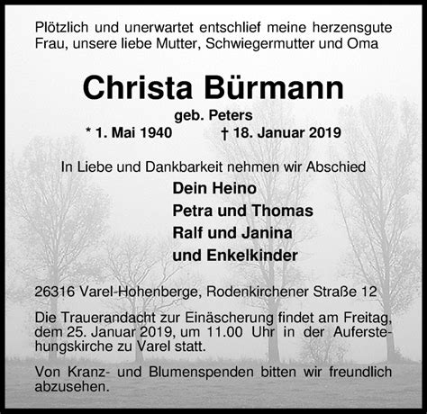 Traueranzeigen Von Christa B Rmann Nordwest Trauer De