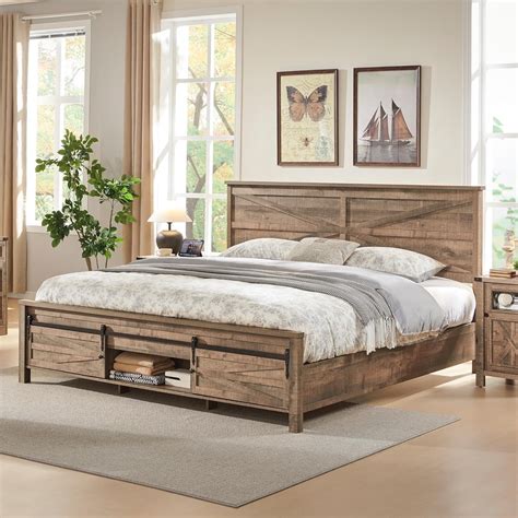 T4TREAM Farmhouse Wood King Size Bed Frame With Sliding Barn Door