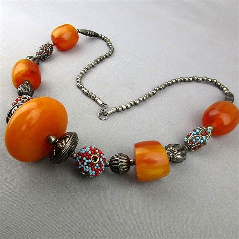 Bohemian Faux Amber Bead Necklace Bold Ethnic Vintage From