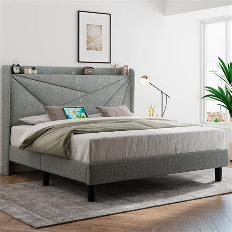 Queen Feonase Bed Frame With Type C And Usb Ports Upholstered Platform