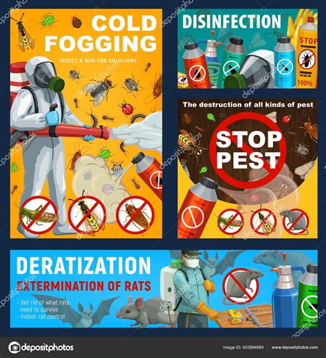 Pest Control Vector Posters Disinfestation Deratization Cold Fogging Insect Control Stock Vector