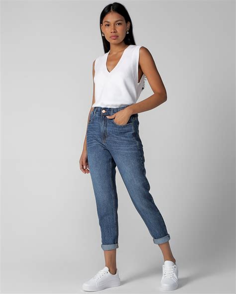 Riachuelo Calça Jeans Feminina Mom Cintura Alta Estonada Denim Médio