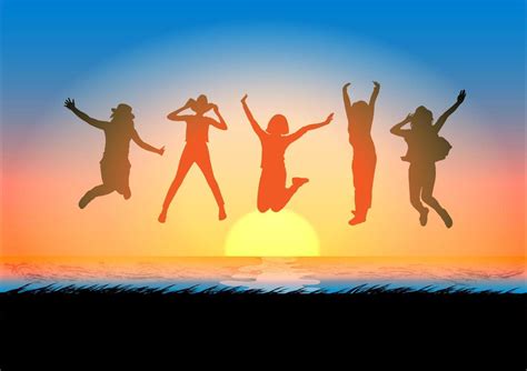 Silhouettes Happy Jumping Women With Sunrise Background Vector