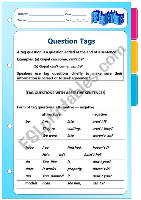 Question Tags ESL Worksheet By Pinku Drmc