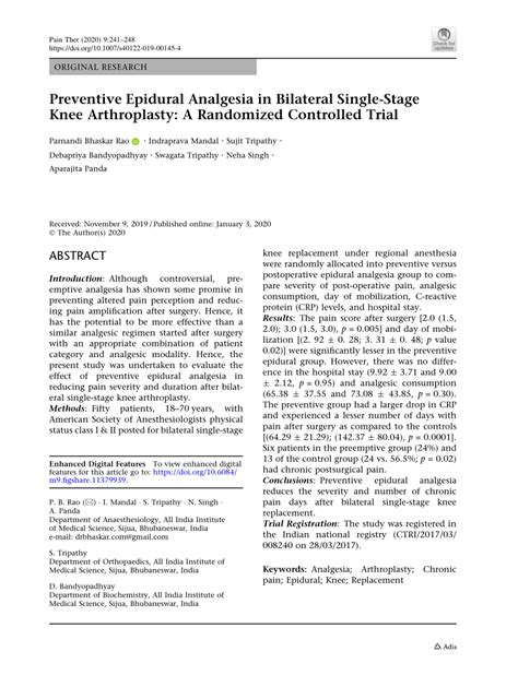 Pdf Preventive Epidural Analgesia In Bilateral Single Stage Knee