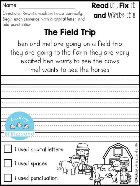 Editing Sentences Worksheet First Grade