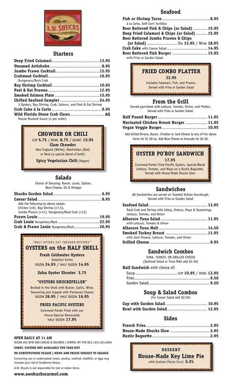 Online Menu of A. W. Shucks, Carmel-by-the-Sea, CA