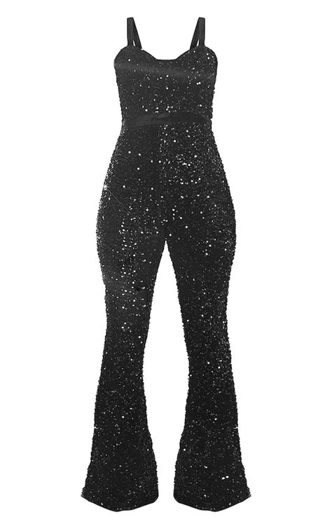 Black Sequin Velvet Waistband Strappy Jumpsuit Jumpsuits And Playsuits Prettylittlething