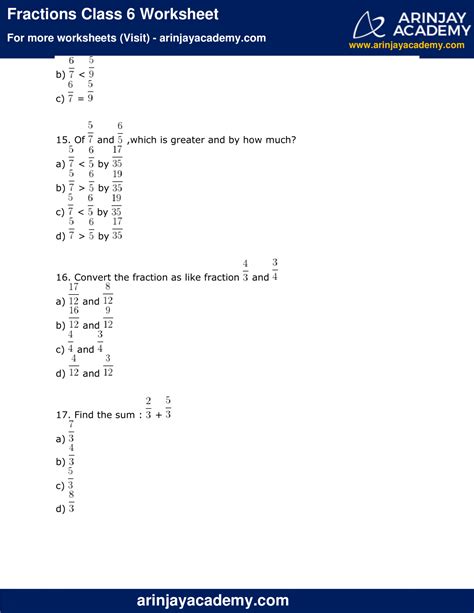 Fractions Class Worksheet Maths Arinjay Academy