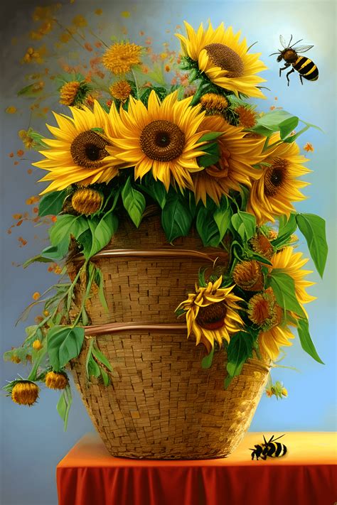 Pittura A Olio Realistica A Colori Di Edera E Girasoli In Un Cesto Di