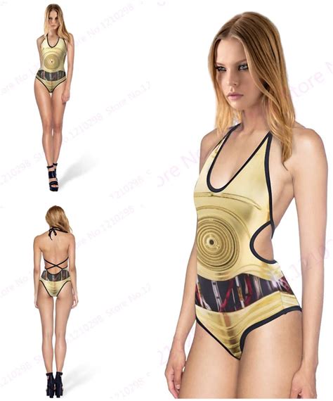 Robots Swimsuit Halter Bandage One Piece Womens Swimwear Golden Metal