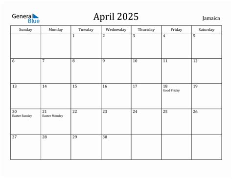 April 2025 Monthly Calendar with Jamaica Holidays