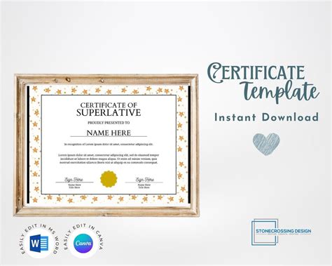 Editable Certificate Of Superlative Award Template Printable Certificate Editable With Canva