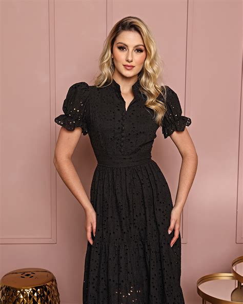 Vestido Midi De Laise Es E Manga Bufante Preto