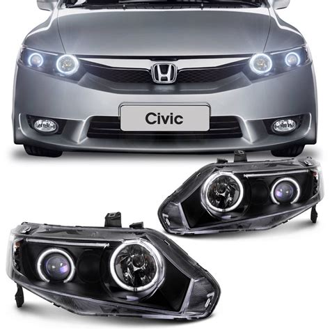 Par de Faróis Angel Eyes New Civic 06 11 Máscara Negra LED Neon Submarino