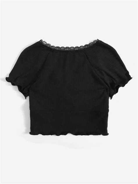 Shein Qutie Lace Trim Raglan Sleeve Ruched Rib Knit Crop Tee Shein Usa