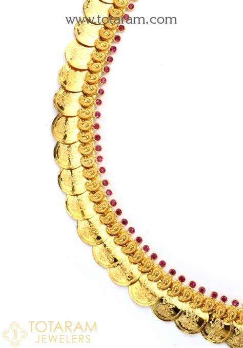 K Gold Mango Lakshmi Kasu Mala Kasulaperu With Red Stones