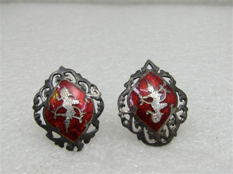 Vintage Siam Sterling Silver Red Enameled Clip Earrings