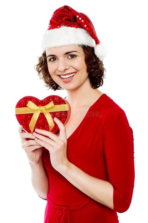 Pretty Smiling Santa Woman With Christmas T Stock Image Image Of