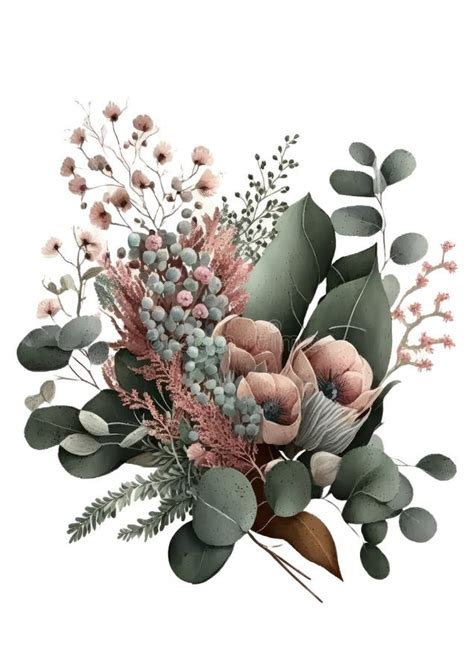 Watercolor Floral Bouquet Composition With Roses And Eucalyptus Stock