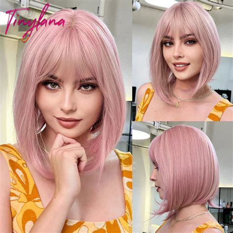 Light Pink Short Straight Hair Synthetic Cosplay Bob Wigs With Bangs For White Women Afro