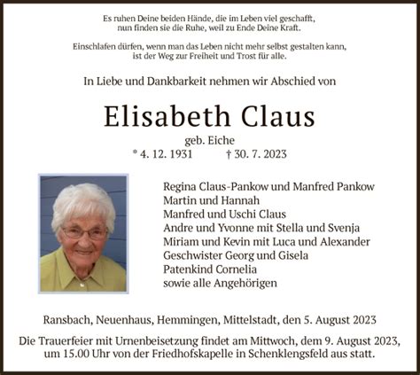 Traueranzeigen Von Elisabeth Claus Trauer Hersfelder Zeitung De