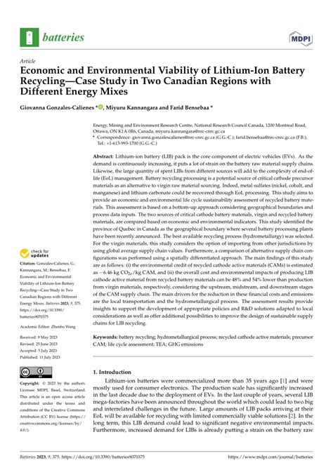 Pdf Economic And Environmental Viability Of Lithium Ion Battery