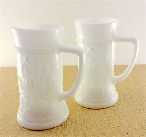 Vintage Embossed White Milk Glass Mugs Beer Steins Set Of 2 Etsy